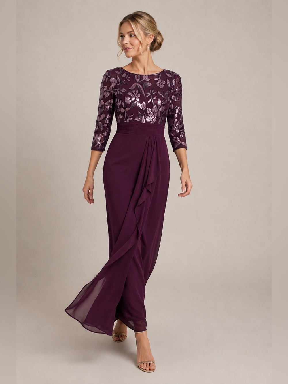 JS Collections Burgundy Lace Sequin Maxi Dress Gown Draped Pleated Wedding Sz 12